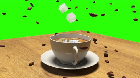 Animation of flying around a cup of coffee and beans frozen in air on a green Stock Footage 150926717