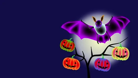 Animation of a flying bat and multi-colored cheerful swinging pumpkins Stock Footage 237599336