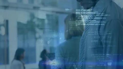 Animation of flying binary code, programming language, smiling african american Stock Footage 328254722