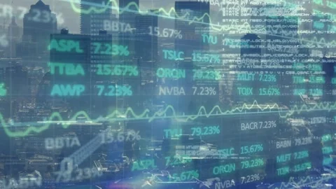 Animation of flying binary code, trading board, programming language over aerial Stock Footage 326750651