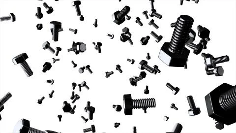 Animation of flying bolts on white background, 3D. Bolts on white background Stock Illustration