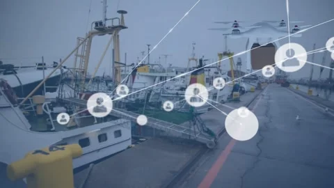 Animation of flying drone with box and profile icons connected with lines over Stock Footage 327393250