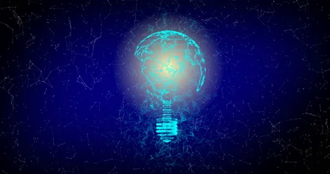 Animation of flying flickering particles form a lamp bulb sign or idea symbol on Stock Footage 101309176