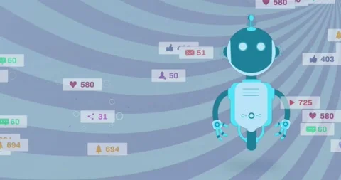 Animation of flying robot and notification bars over striped pattern against Stock Footage 326034724