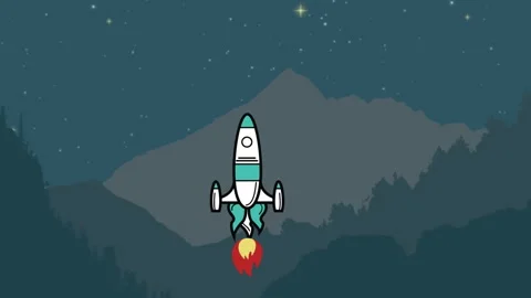 Animation of flying rocket icon over mountains landscape at night with stars Stock Footage 315640381