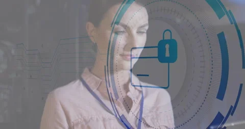 Animation of folder and padlock and data processing over caucasian businesswoman Stock Footage 264876372