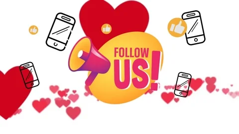 Animation of follow us text with megaphone and like, heart and smartphone icons Stock Footage 326874684