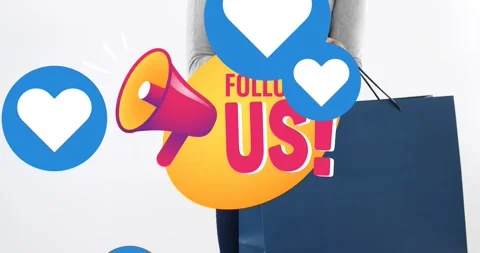 Animation of follow us text, megaphone and heart icons over caucasian woman with Stock Footage 327714787