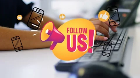 Animation of follow us text over hands using computer Stock Footage 330402344