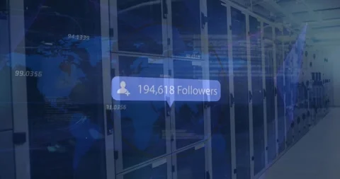 Animation of followers text and data processing over computer servers Stock Footage 330403255