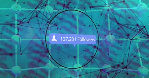 Animation of followers text, countdown, icon in speech bubble, dna helix, dots Stock Footage 327644552