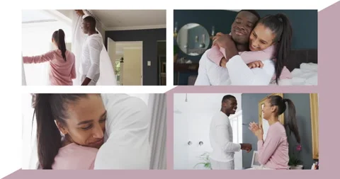 Animation of four frames with happy couple at home on white and pink background Stock Footage 310434596
