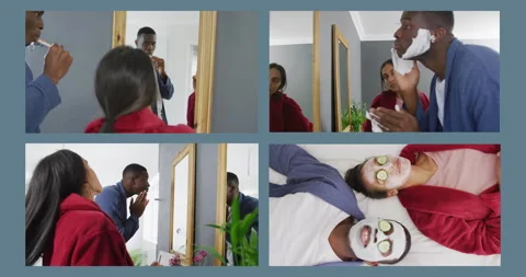 Animation of four frames with happy couple at home and doing selfcare on blue Stock Footage 310434600