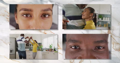 Animation of four frames with happy couple spending time at home dancing on grey Stock Footage 310434612