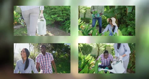 Animation of four frames with happy couple spending time in garden on green Stock Footage 310434632
