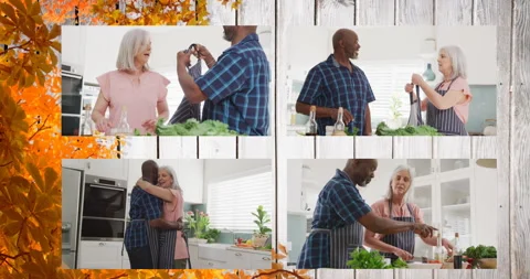 Animation of four frames with happy senior diverse couple at home cooking on Stock Footage 310434653