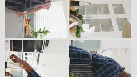 Animation of four frames with happy senior diverse couple at home cooking on Stock Footage 312581895