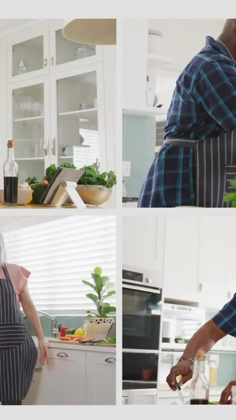 Animation of four frames with happy senior diverse couple at home cooking on Stock Footage 323782080