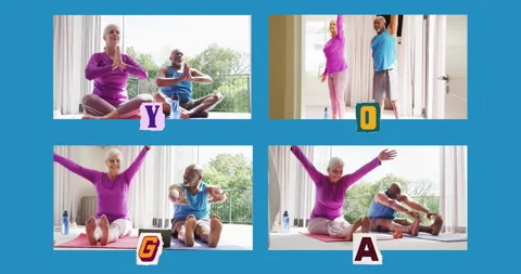 Animation of four frames with senior diverse couple practicing yoga at home on Stock Footage 310434630
