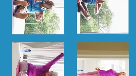 Animation of four frames with senior diverse couple practicing yoga at home on Stock Footage 312386536