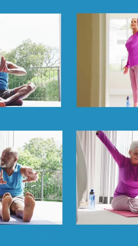 Animation of four frames with senior diverse couple practicing yoga at home on Stock Footage 323782079