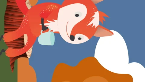 Animation of fox sitting on tree trunk with autumn leaves and autumn scenery Stock Footage 313459322