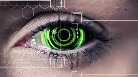 Animation of frames with hexagons over eye with scope scanning Stock Footage 265624232