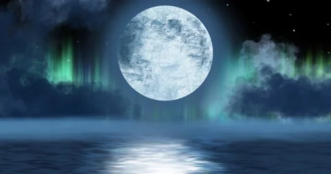 Animation of full moon hanging over water with aurora lights in night sky in Stockbeeldmateriaal 148552454