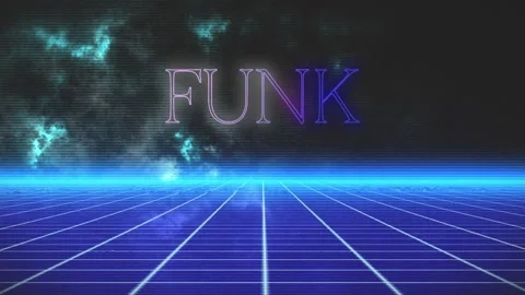 Animation of funk text in pink and blue neon, with glitches over blue grid and Stock Footage 171287640