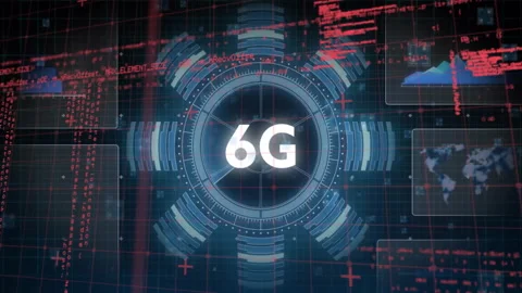 Animation of futuristic 6G technology with digital interface and data Stock Footage 303675907