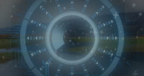 Animation of futuristic circular interface with arrows and symbols in school Stock Footage 303429572