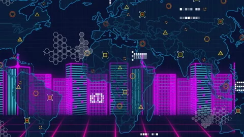 Animation of futuristic cityscape with digital data and world map overlay 库存影片 306199855