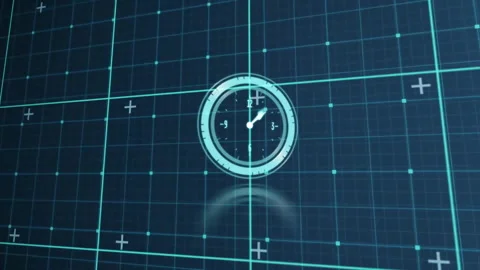 Animation of futuristic clock interface with digital elements and grid lines Stock Footage 303840707