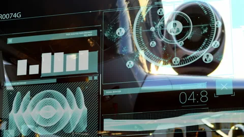 Animation of futuristic data interface showing analytics over reflective surface Stock Footage 304644290