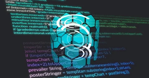 Animation of futuristic digital face with code overlaying hexagonal patterns Stock Footage 303452290