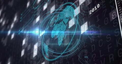 Animation of futuristic digital globe with technology elements, year 2019 Stock Footage 303564186