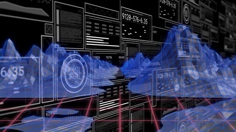 Animation of futuristic digital interface with blue graphs and data processing 動画素材 304865020