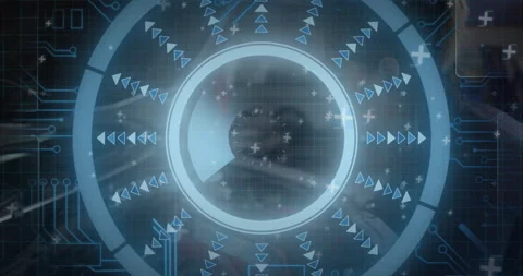 Animation of futuristic digital interface with blue circular patterns and arrows Stock Footage 306285132