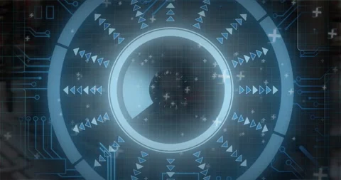 Animation of futuristic digital interface with circular patterns and arrows in Stock Footage 303419552
