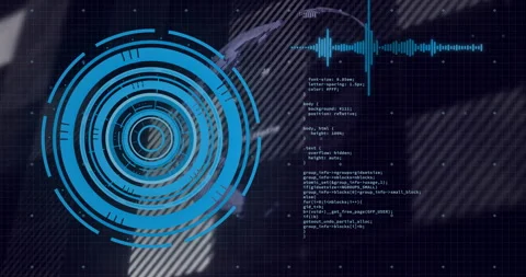 Animation of futuristic digital interface with circular patterns and coding on Video stock 304768623