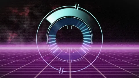 Animation of futuristic digital interface with circular elements on purple grid Stock Footage 304840100