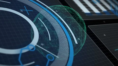 Animation of futuristic digital interface with circular graphics and grid Stock Footage 305073616