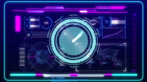 Animation of futuristic digital interface with clock, graphs, and world map 動画素材 303624052