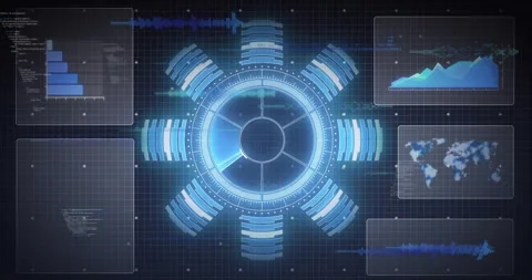 Animation of futuristic digital interface with graphs and charts on grid Vídeos de archivo 303564867