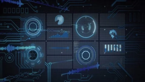 Animation of futuristic digital interface processing data with graphs and charts Stock Footage 328413184