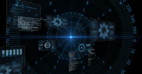 Animation of futuristic digital interface with rotating data in dark space Stock Footage 304841190