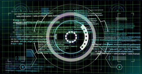 Animation of futuristic digital interface with rotating elements in school Stock Footage 304857906