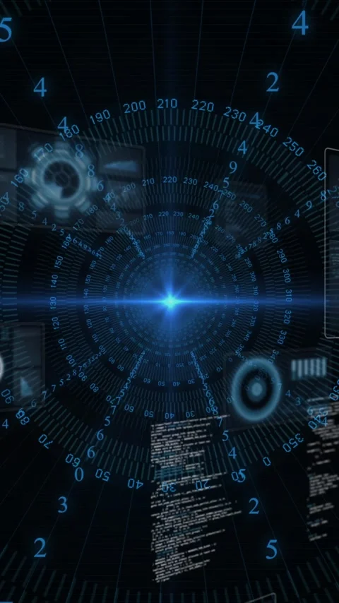 Animation of futuristic digital interface with rotating data in dark space Stock Footage 319617528