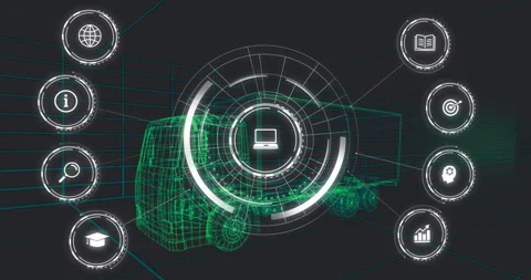 Animation of futuristic digital interface with truck hologram and tech icons Stock Footage 304011287