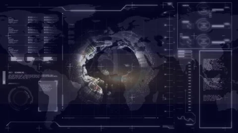 Animation of futuristic digital interface with world map and data elements Stock Footage 306199974